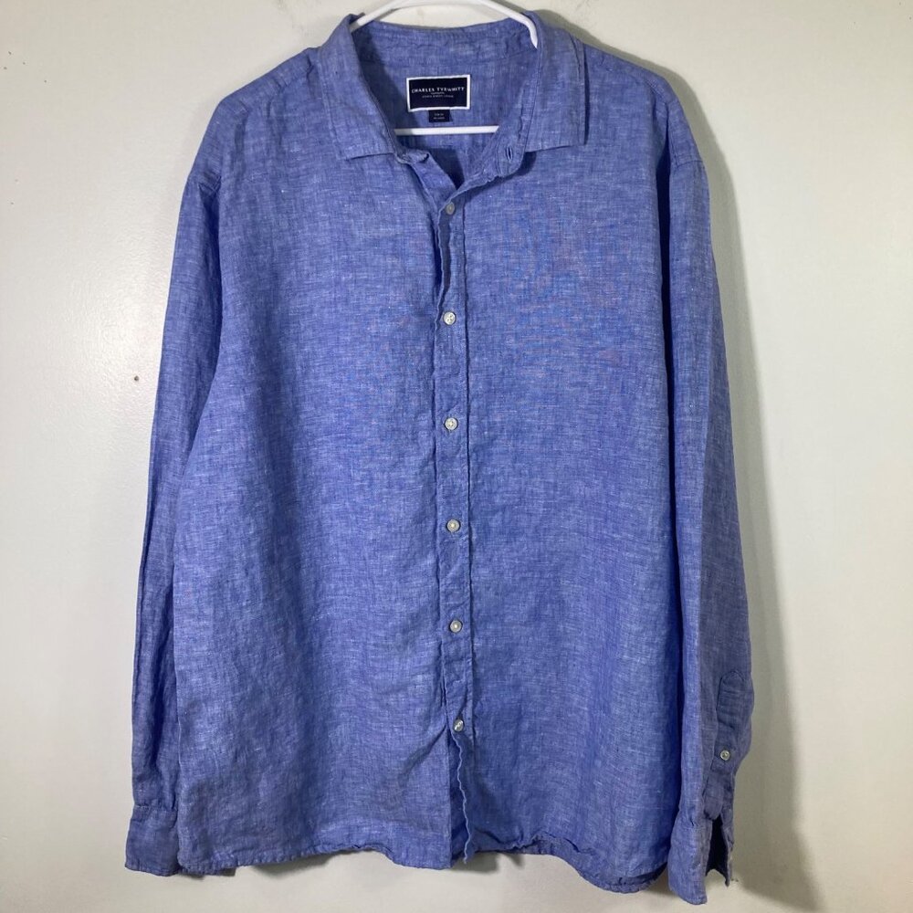 Mens Charles Tyrwhitt Slim Fit Linen Shirt Marled Blue XXL Button